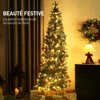 HOMCOM Sapin de Noël artificiel 210 cm, arbre de Noël slim avec 300 lumières 8 modes d'éclairage 826 branches articulées, vert(m-4)