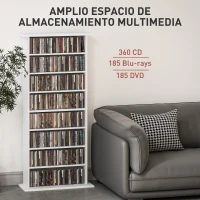 HOMCOM Estantería para CDs y DVDs Estrecha con 8 Compartimentos Estantes Ajustables 58x24x126,3 cm Blanco(m-4)