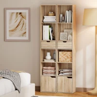 HOMCOM 6-Tier Bookcase, Tall Narrow Bookshelf with Drawer and Door - Natural Wood Finish(m-8)