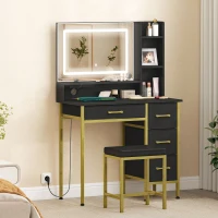 HOMCOM Coiffeuse de Maquillage avec Miroir Lumières LED Station de Charge Tabouret Station de Charge 4 Tiroirs Noir(m-2)