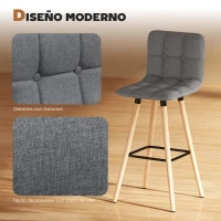 HOMCOM Juego de 2 Taburetes Altos de Cocina con Respaldo Reposapiés Patas de Madera Estilo Moderno Gris(m-5)