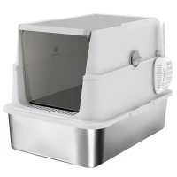 PawHut Large Stainless Steel Cat Litter Box with Flip-Up Lid, Scoop and Deodorizer, Light Grey(m-1)