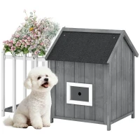PawHut Niche pour chien extérieur en bois maison chien extérieur avec terrasse, porte à lamelles, 106 x 62,5 x 80,5 cm, gris(m-11)
