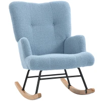 HOMCOM Silla Mecedora de Terciopelo de Teddy con Respaldo Alto Patas de Madera de Caucho Reposabrazos Azul Claro(m-1)