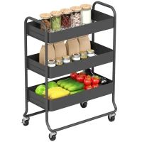 HOMCOM 3-Tier Storage Trolley on Wheels, Rolling Utility Cart with Mesh Backets for Kitchen, Bathroom, Bedroom, Black(m-10)