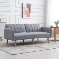 HOMCOM Canapé Convertible 2 Places Design scandinave Dossier inclinable 3 Positions Pieds Bois Tissu Aspect Lin Gris(m-10)