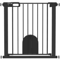 PawHut Dog Gate with Cat Flap Pet Safety Gate Barrier, Stair Pressure Fit, Auto Close, Double Locking, for Doorways, Hallways, 75-82 cm Black(m-1)