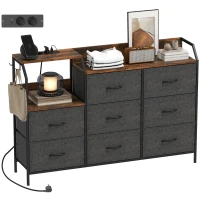 HOMCOM Comodă cu 8 sertare din material textil, cadru din oțel, stație de încărcare, Rustic-Maro+Negru(m-7)