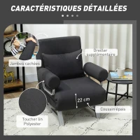 HOMCOM Fauteuil chauffeuse canapé-lit Convertible inclinable 1 Place Coussin lombaires accoudoirs piètement métal Lin Noir(m-6)