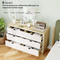 HOMCOM Commode 6 tiroirs, meuble de rangement à haute brillance, 5 pieds en bois, 110 x 40 x 75 cm, blanc et chêne(m-4)