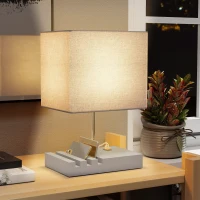 HOMCOM Bedside Lamp with USB A+C Charging Ports and 3 Phone Stands, Modern Table Lamp with Solid Wood Base and Fabric Shade for Bedroom Living Room Office, E27 Socket, Bulb Not Included, Grey(m-2)