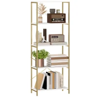 HOMCOM 5-Tier Bookshelf, Modern Bookcase with Metal Frame - White and Gold Tone(m-10)