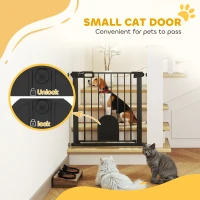 PawHut Dog Gate with Cat Flap Pet Safety Gate Barrier, Stair Pressure Fit, Auto Close, Double Locking, for Doorways, Hallways, 75-82 cm Black(m-6)