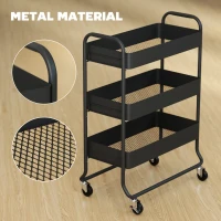 HOMCOM 3-Tier Storage Trolley on Wheels, Rolling Utility Cart with Mesh Backets for Kitchen, Bathroom, Bedroom, Black(m-6)