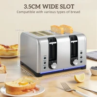 HOMCOM Kettle and Toaster Set, 1.7L 3000W Rapid Boil Jug Kettle with Otter Thermostat, Limescale Filter, 4 Slice Toaster with 7 Browning Controls, Crumb Tray, LED Strip, Silver Tone(m-8)