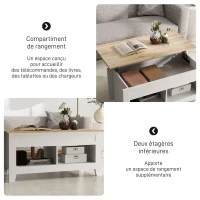 HOMCOM Table basse plateau relevable, table de salon avec étagères et compartiment caché,105 x 50 x 49-62,5 cm blanc(m-5)