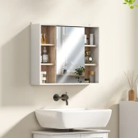 HOMCOM Armario Espejo con Espacio Interno con Estantes Ajustables Armario de Baño Montado en la Pared con Estantes Abiertos 60x14,5x49,4 cm Blanco y Roble(m-7)