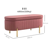 HOMCOM Banc de rangement, bout de lit en velours avec couvercle, pieds en métal, capacité 72 L, 108x44x43,5cm, rose(m-3)