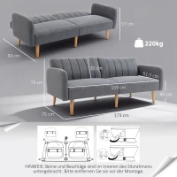 HOMCOM Schlafsofa, 2-Sitzer Stoffsofa, Sofa mit Schlaffunktion, leinenartiges Polyester, Kautschukholz, 173 x 75 x 73 cm, Grau(m-3)