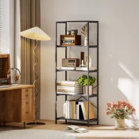 HOMCOM 5-Tier Bookshelf, Industrial Bookcase with Metal Frame - Dark Grey and Black(m-2)