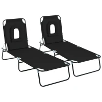 Outsunny Lot de 2 Bains de Soleil Pliable transat inclinable 4 Positions Chaise Longue de Lecture 3 Coussins fournis Noir(m-12)