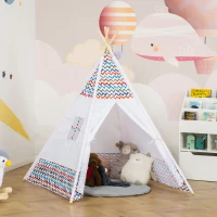 HOMCOM Tente Teepee Indien Tente de jeu pour enfant tipi enfant interieur Style Graphique - dim. 1,2L x 1,2I x 1,55H m Porte refermable fenêtre Polyester Coton Intérieur Extérieur Blanc Multicolore(m-9)