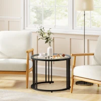 HOMCOM Round Coffee Tables Set of 2, Nesting Tables with Tempered Glass Top and Steel Frame, Black(m-9)