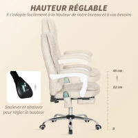 Vinsetto Fauteuil de bureau massant et chauffant, chaise de bureau, hauteur réglable, dossier inclinable, 65x70x111-119cm, crème(m-6)