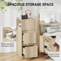 HOMCOM Slim Bedside Table, Narrow Bedside Cabinet with Open Shelf and 2 Drawers for Bedroom, Living Room, Natural Wood Finish(m-4)