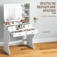 HOMCOM Masă de Toaletă cu Oglindă Iluminată LED, Masă de Machiaj cu Stație de Încărcare, 4 sertare și rafturi de depozitare, 90x45x160 cm, Alb(m-6)