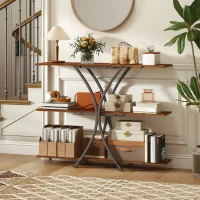 HOMCOM Mesa Consola de 3 Níveis Estilo Industrial com 2 Prateleiras Abertas e Estrutura Metálica em X Consola Estreita 110x30x91 cm Castanho Rústico(m-2)