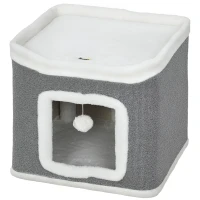 PawHut Cat House for Indoor Kittens, 2-Level Cat Cave Bed with Fluffy Balls, Top Bed, Kitten Barrel for Multi Kitties, Grey(m-11)