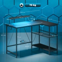 HOMCOM Bureau Gaming d'Angle avec LED, Prises Électriques, Support Écran et Étagère, Noir(m-3)