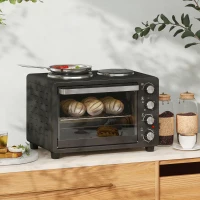 HOMCOM 28L Mini Oven with 2 Hot Plates, Countertop Toaster Oven, Grill, Roast, Bake, Boil, with Timer, Adjustable Temperature, Electric Oven with Baking Tray, Grill Rack, Crumb Tray, 2600W, Black(m-2)