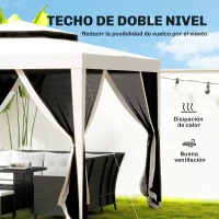 Outsunny Carpa de Jardín 3x3 m Cenador Gazebo con 4 Mosquiteras Laterales Techo Doble 8 Orificios de Drenaje Marco de Metal Crema(m-4)