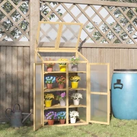 Outsunny Mini Serre de Jardin en Polycarbonate Cadre en Bois 3 étagères dim. 80L x 50l x 130H cm Double Porte Toit ouvrant Bois de Sapin lasuré Marron(m-10)