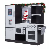 HOMCOM Cuisine pour enfants en bois dinette jeu d'imitation éducatif complet nombreux accessoires & rangements inclus MDF pin 105 x 32 x 95 cm argenté et noir(m-1)