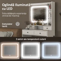 HOMCOM Masă de Toaletă cu Oglindă Iluminată LED, Masă de Machiaj cu Stație de Încărcare, 4 sertare și rafturi de depozitare, 90x45x160 cm, Alb(m-4)