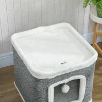 PawHut Cat House for Indoor Kittens, 2-Level Cat Cave Bed with Fluffy Balls, Top Bed, Kitten Barrel for Multi Kitties, Grey(m-8)