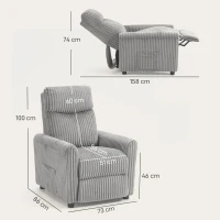 HOMCOM Sillón Relax Reclinable Manual Tapizado en Pana Instalación Rápida Reposapiés Acolchado Grueso Gris Claro(m-3)