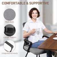 HOMCOM Desk Chair No Wheels, Office Chair with Mesh Back, Lumbar Support, Metal Base for Waiting Room, Conference Room, Dark Grey(m-4)