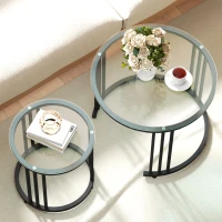 HOMCOM Round Coffee Tables Set of 2, Nesting Tables with Tempered Glass Top and Steel Frame, Black(m-8)