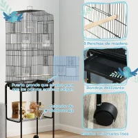 PawHut Jaula para Pájaros con Soporte Jaula Metálica con Ruedas Bandeja Extraíble y Estante 46,5x36x157 cm Negro(m-5)