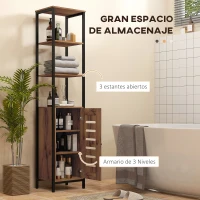 kleankin Columna de Baño Estrecha con Puerta de Lamas Estantes Ajustables Compartimentos Abiertos 37x30x167 cm Marrón Rústico(m-4)