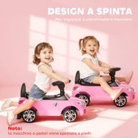 HOMCOM Macchinina per Bambini Cavalcabile con Volante, Fari e Musiche Integrate, Macchina per Bambini in PP e Metallo, 63.5x28x36 cm, Rosa(m-8)