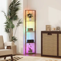 HOMCOM RGB LED Floor Lamp with Shelves, 5-Tier Dimmable Standing Lamp with Adjustable Brightness and Remote Control, Modern Corner Display Shelf Unit for Living Room Bedroom Office, Rustic Brown(m-9)