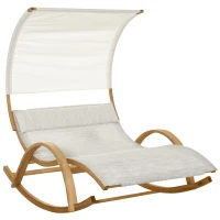 Outsunny Bain de Soleil transat de jardin chaise longue en bois Design à Bascule 2 pers. tétière & Pare-Soleil Inclus Bois pin pré-huilé textilène dim. 190L x 135l x 185H cm crème chiné(m-12)
