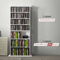 HOMCOM Scaffale Porta CD con 6 Ripiani Regolabili, Capacità di 360 CD/185 DVD, 58x24x124.5 cm, Bianco(m-8)
