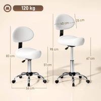 HOMCOM Tabouret pivotant avec dossier et roulettes Siège réglable pour salons de beauté Studio de tatouage 50x50x83-98cm Blanc(m-3)