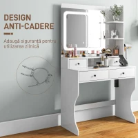 HOMCOM Masă de Toaletă cu Oglindă Iluminată LED, Masă de Machiaj cu Stație de Încărcare, 4 sertare și rafturi de depozitare, 90x45x160 cm, Alb(m-7)